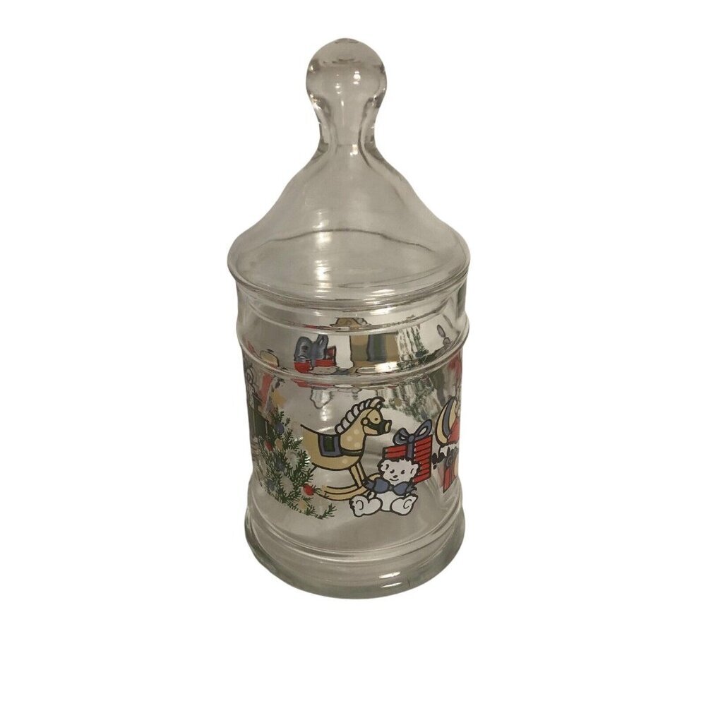 Vtg CC HOME FURNISHINGS Christmas Toy Images Candy Apothecary Glass Jar & Lid